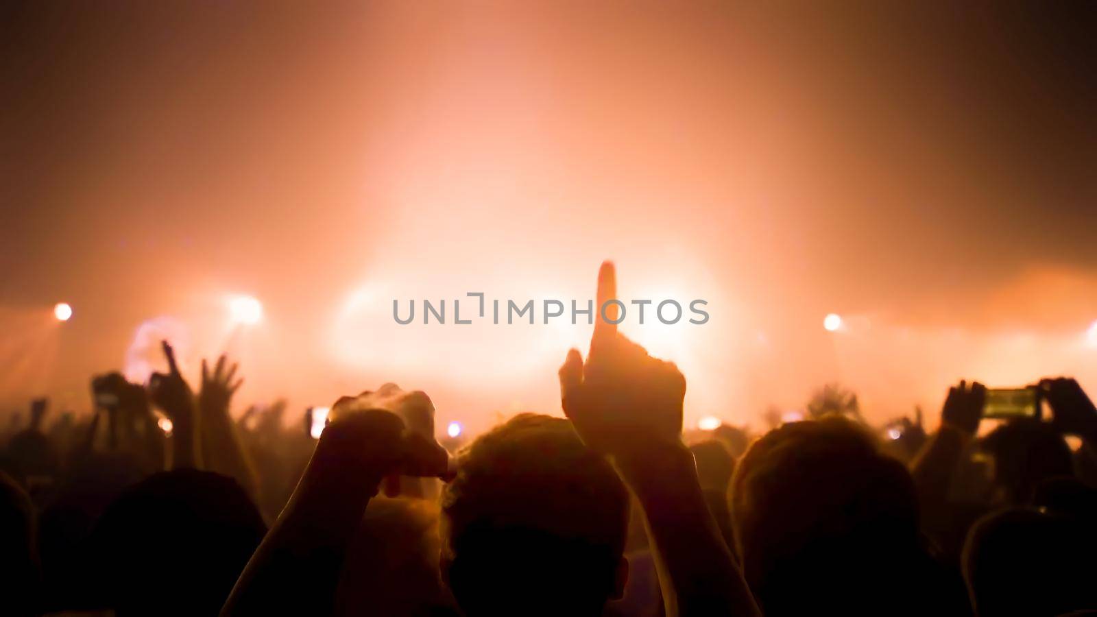Concert Music festival and Celebrate. Party People Rock Concert. Crowd Happy and Joyful and Applauding or Clapping. Celebration party festival happiness. Blurry night club. Concert Show with DJ Music festival EDM on Stage