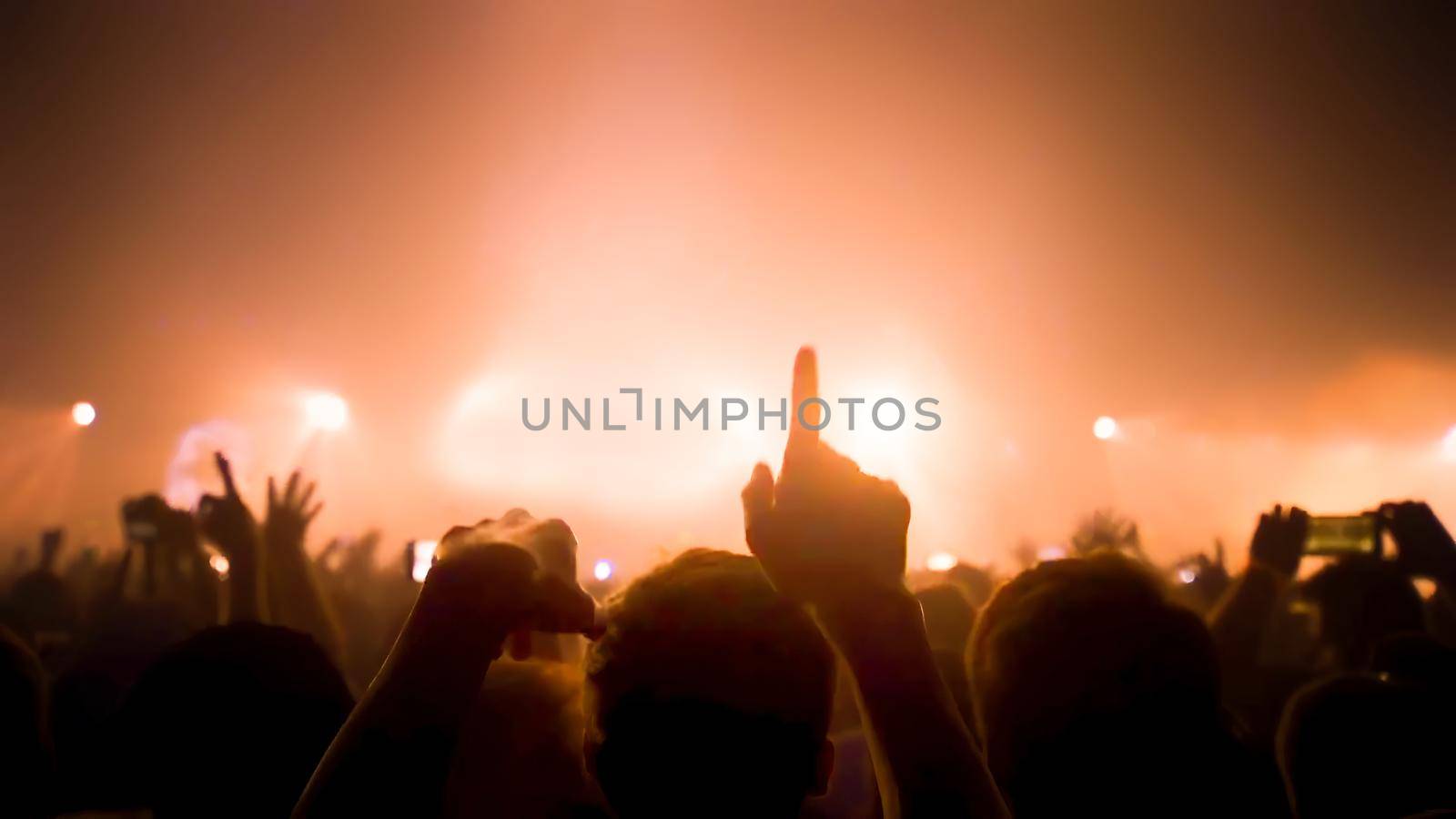 Concert Music festival and Celebrate. Party People Rock Concert. Crowd Happy and Joyful and Applauding or Clapping. Celebration party festival happiness. Blurry night club. Concert Show with DJ Music festival EDM on Stage