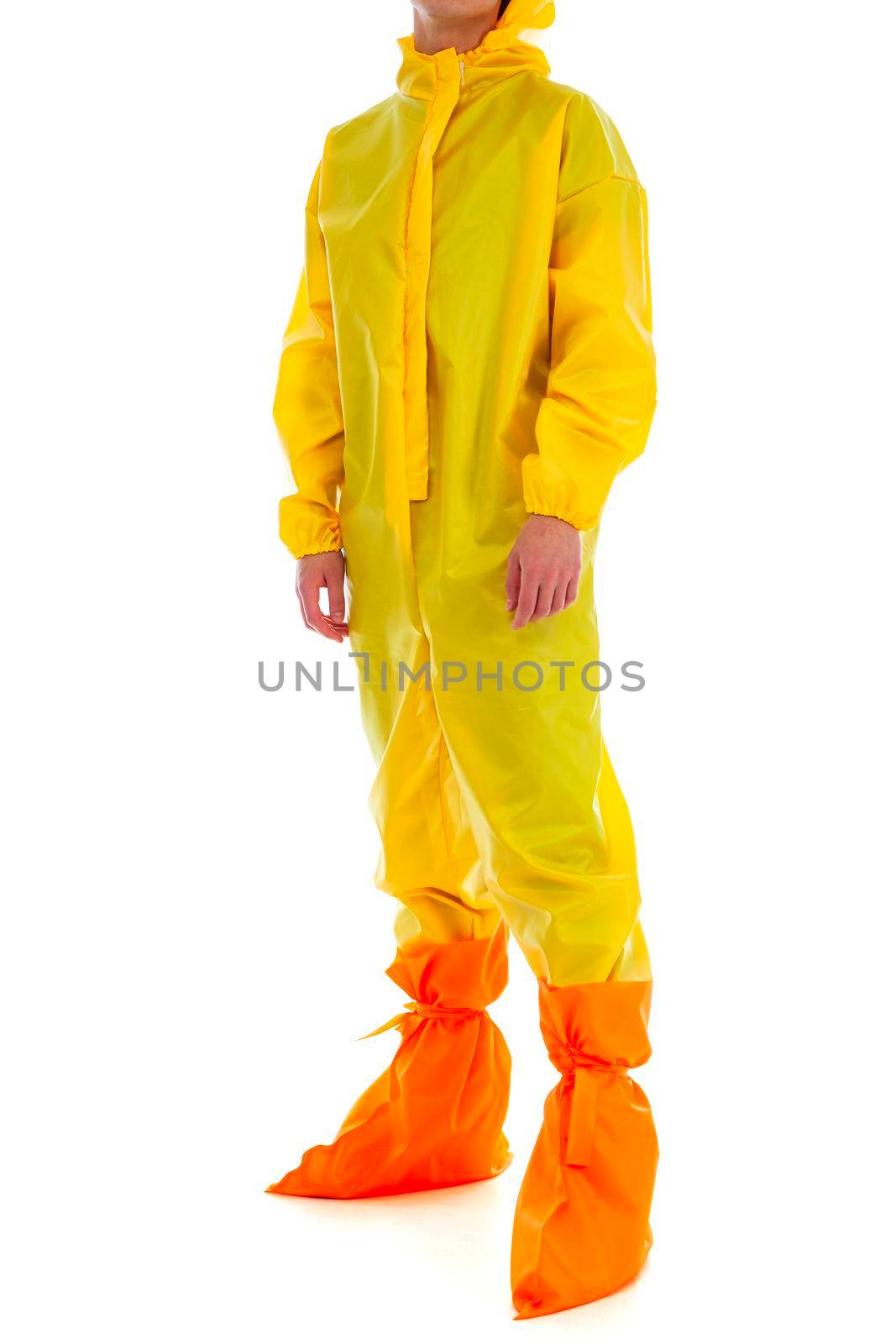 Man wearing yellow protective suit isolated on white background