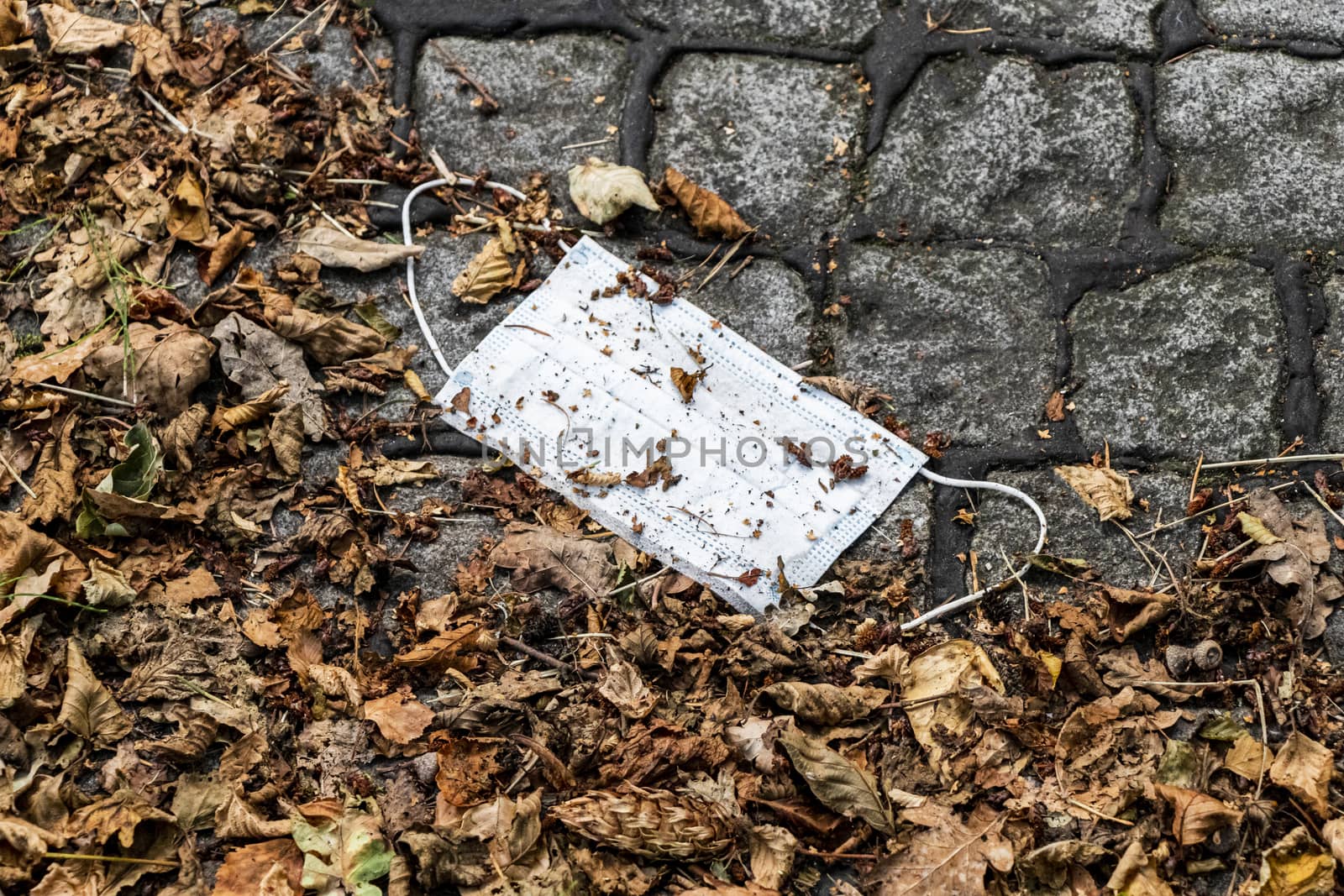 Surgical white masks on the ground. Corona virus pollution. by Arkadij