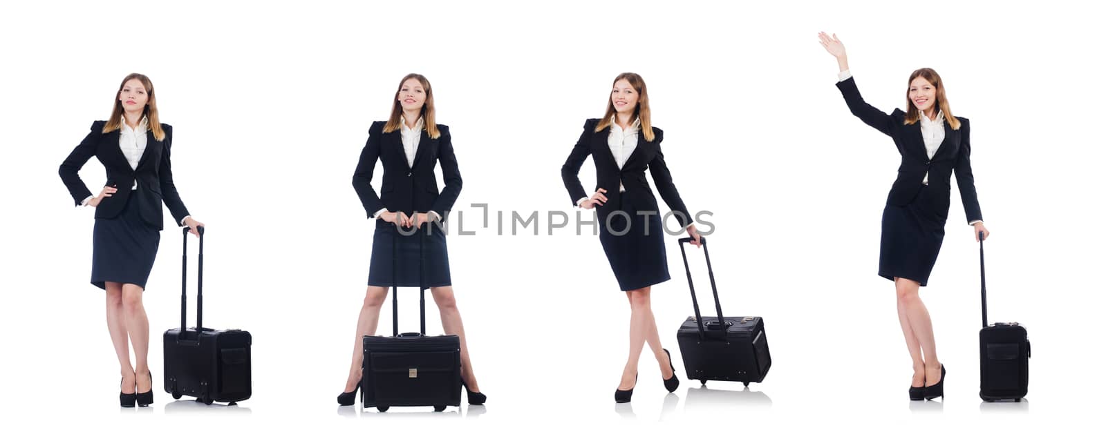 Woman preparing for vacation with suitcase on white by Elnur