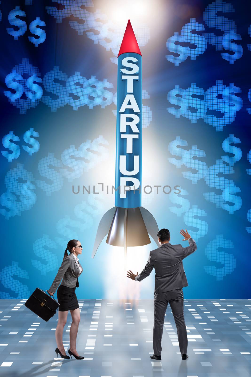 Start-up concept with rocket and businessman by Elnur