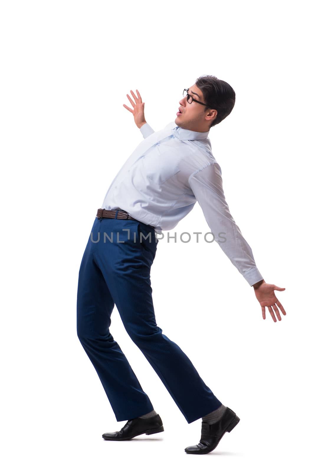 Young puppet businessman isolated on white background