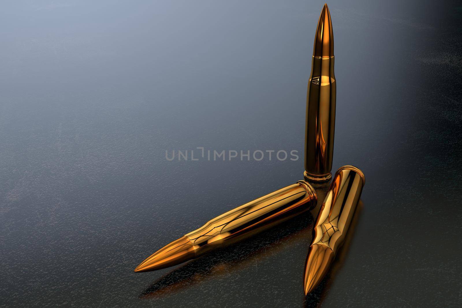 3d illustration, golden rifle cartridges on a dark surface in a dark space