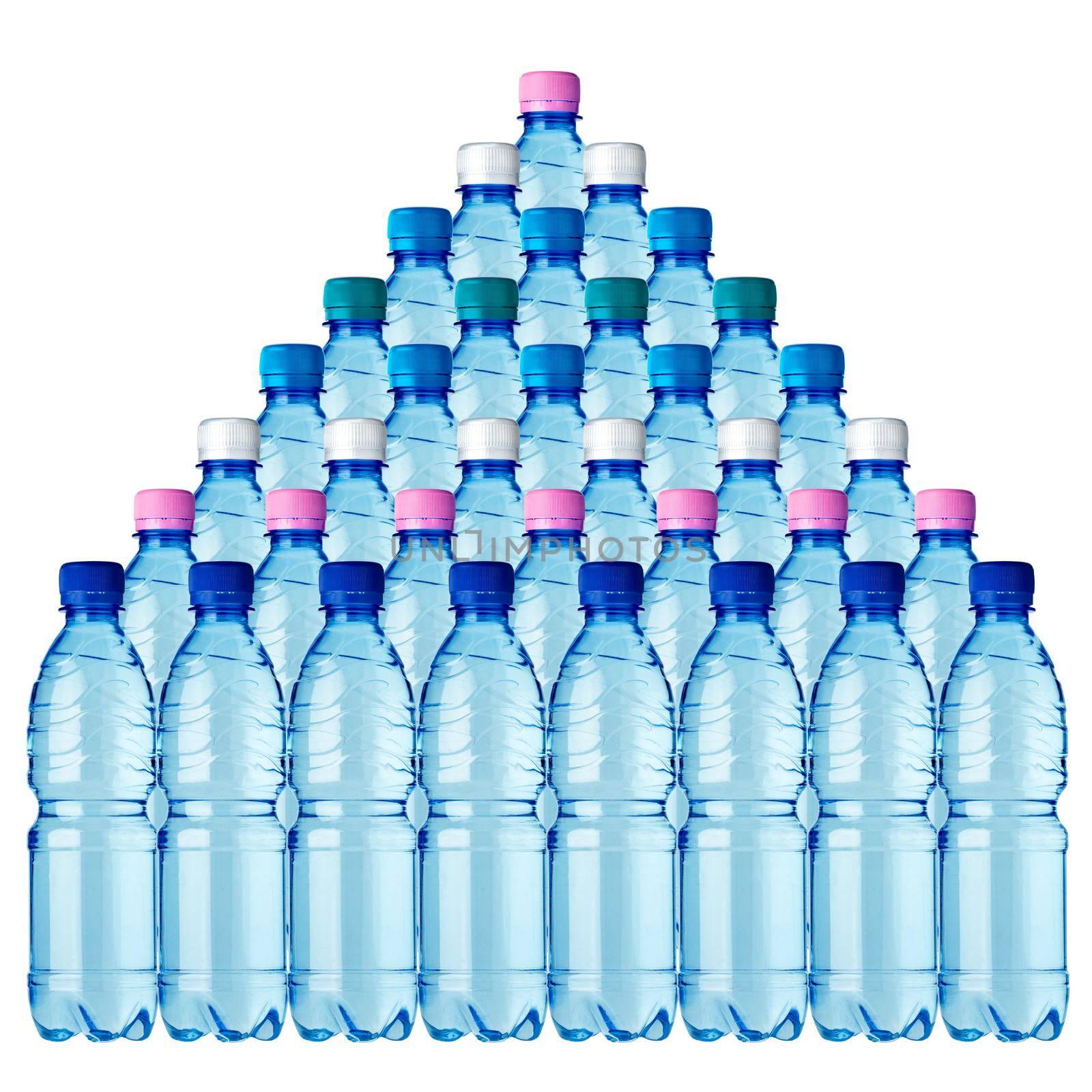 pyramid of 36 bottles of water on a white background