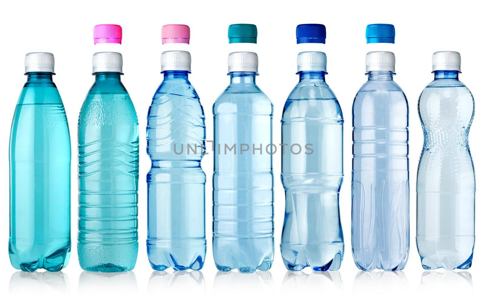  set of seven bottles of water isolated on white background with a different set of covers