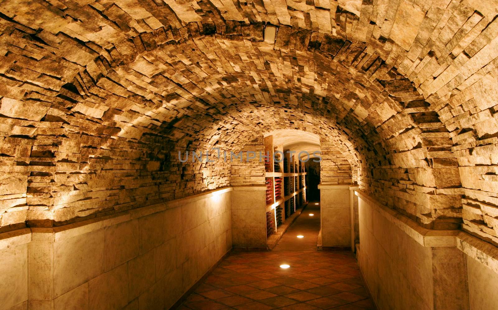 Wine bottles in traditional wine cellar