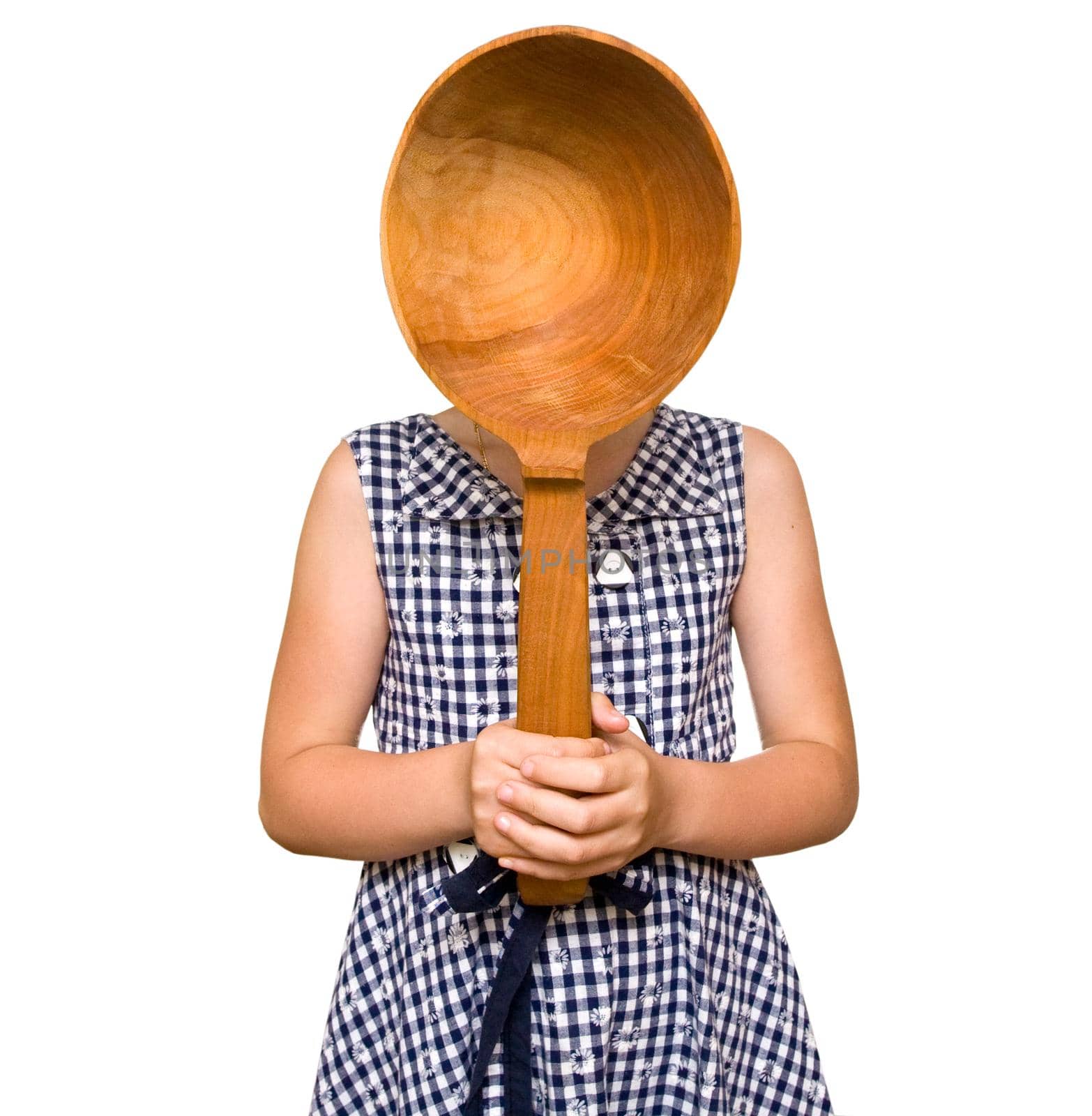 child and a big spoon on white background