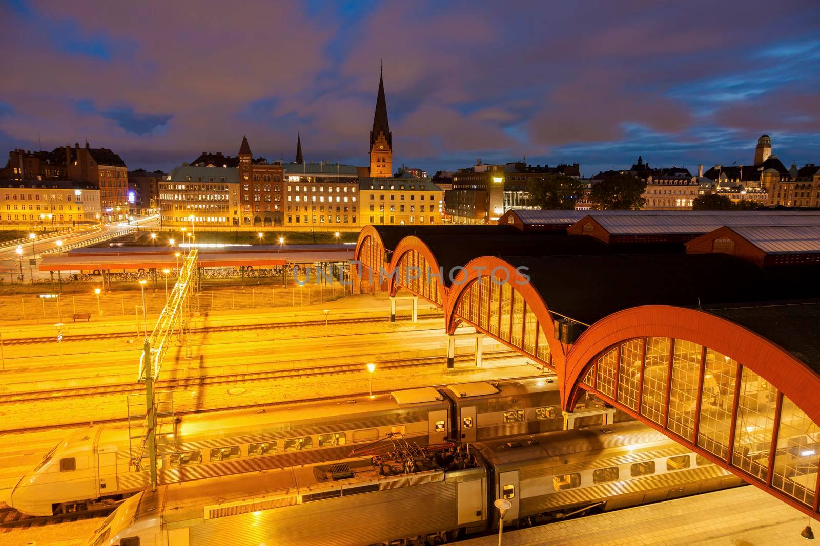 Panorama of Malmo with Central Station. Malmo, Scania, Sweden.