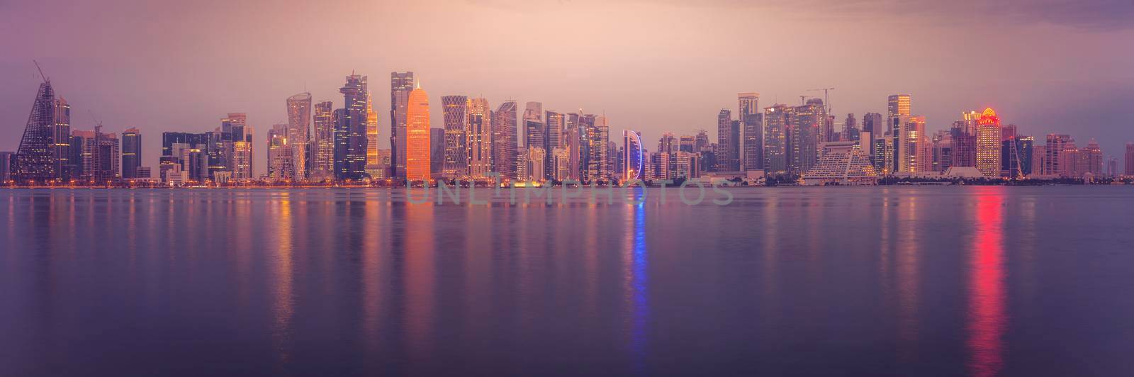 Panorama of Doha at dawn. Doha, Ad-Dawhah, Qatar.