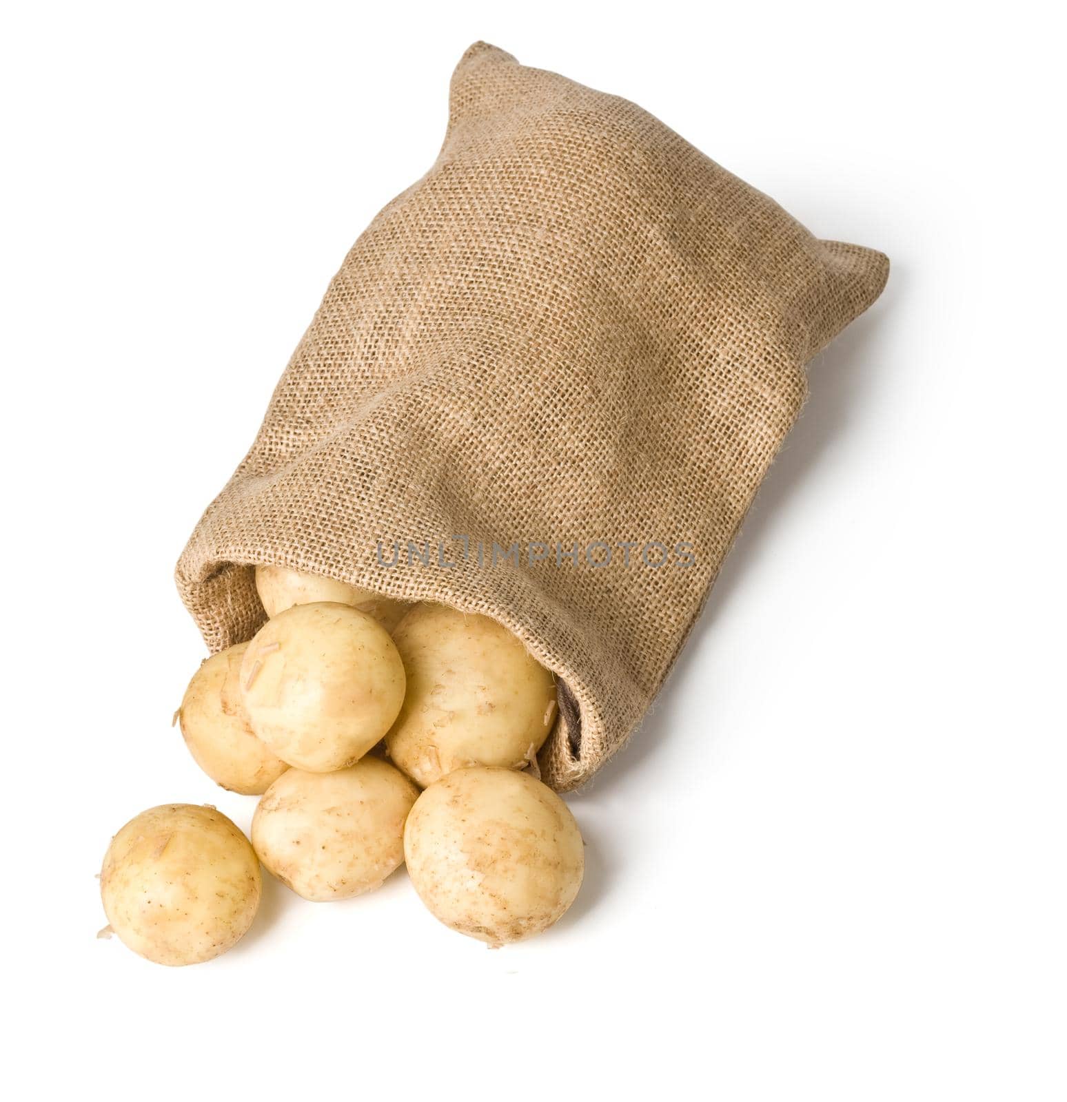 potatoes in burlap sack on white background with clipping path