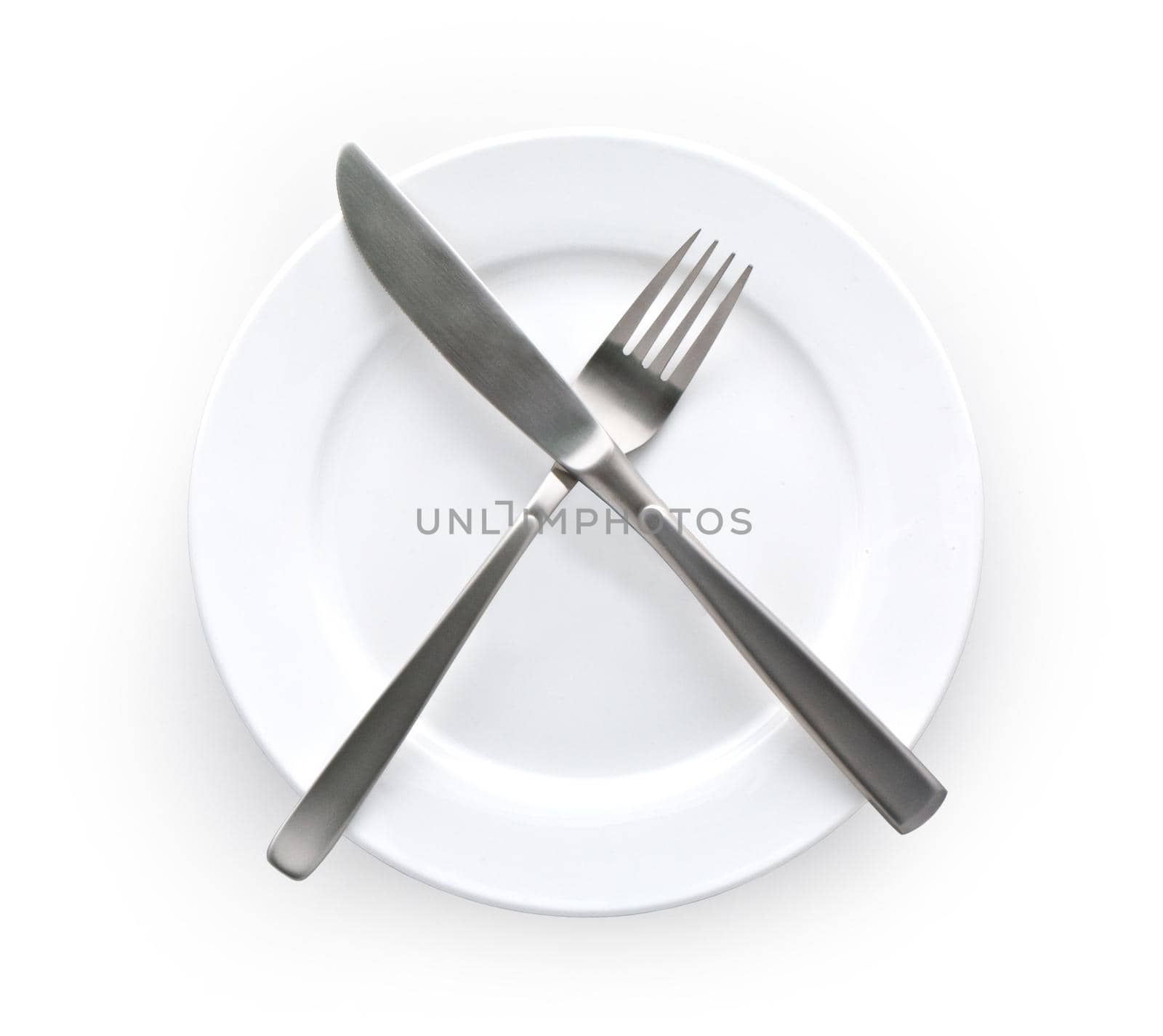 White empty plate with fork and knife