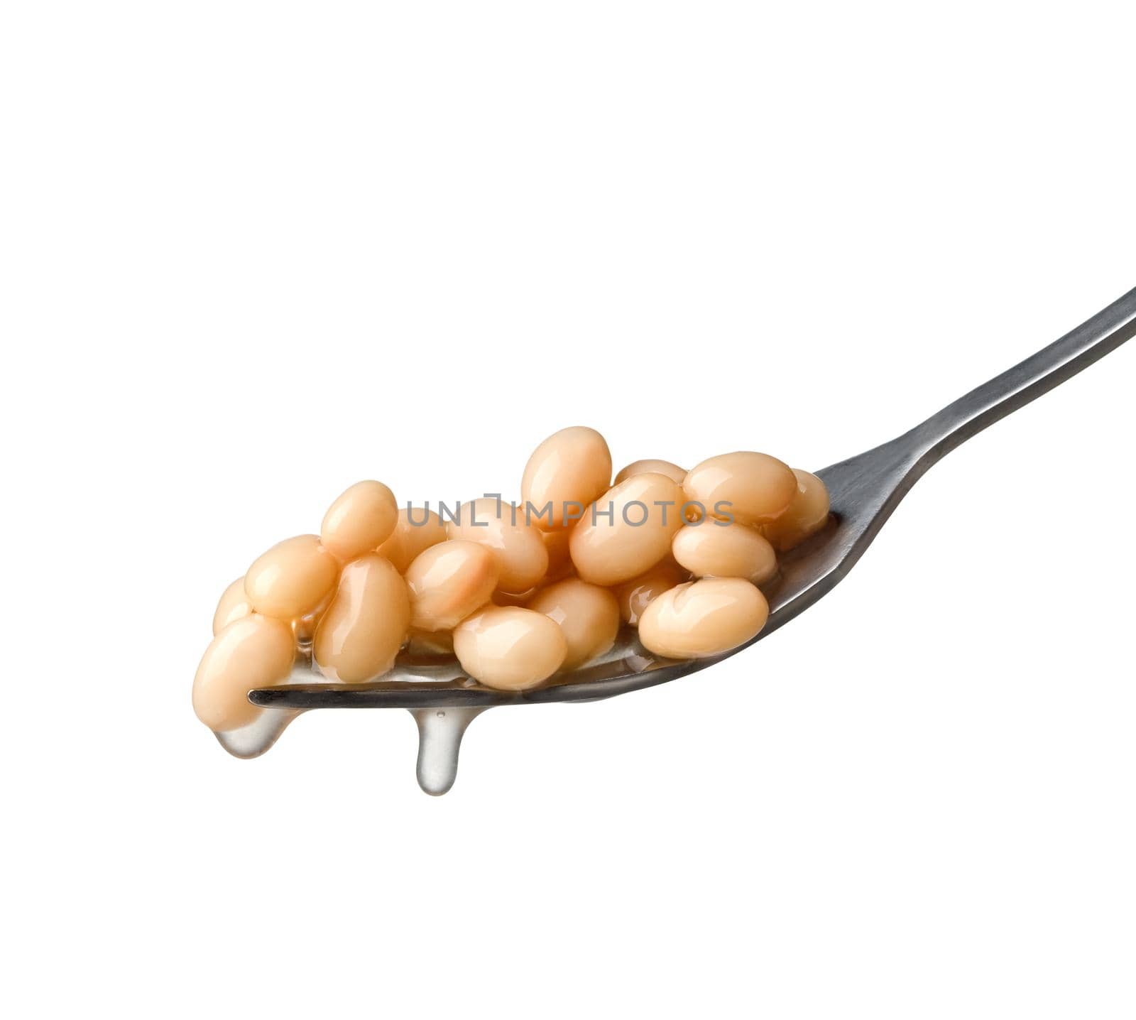 Canned beans on a fork isolated on white