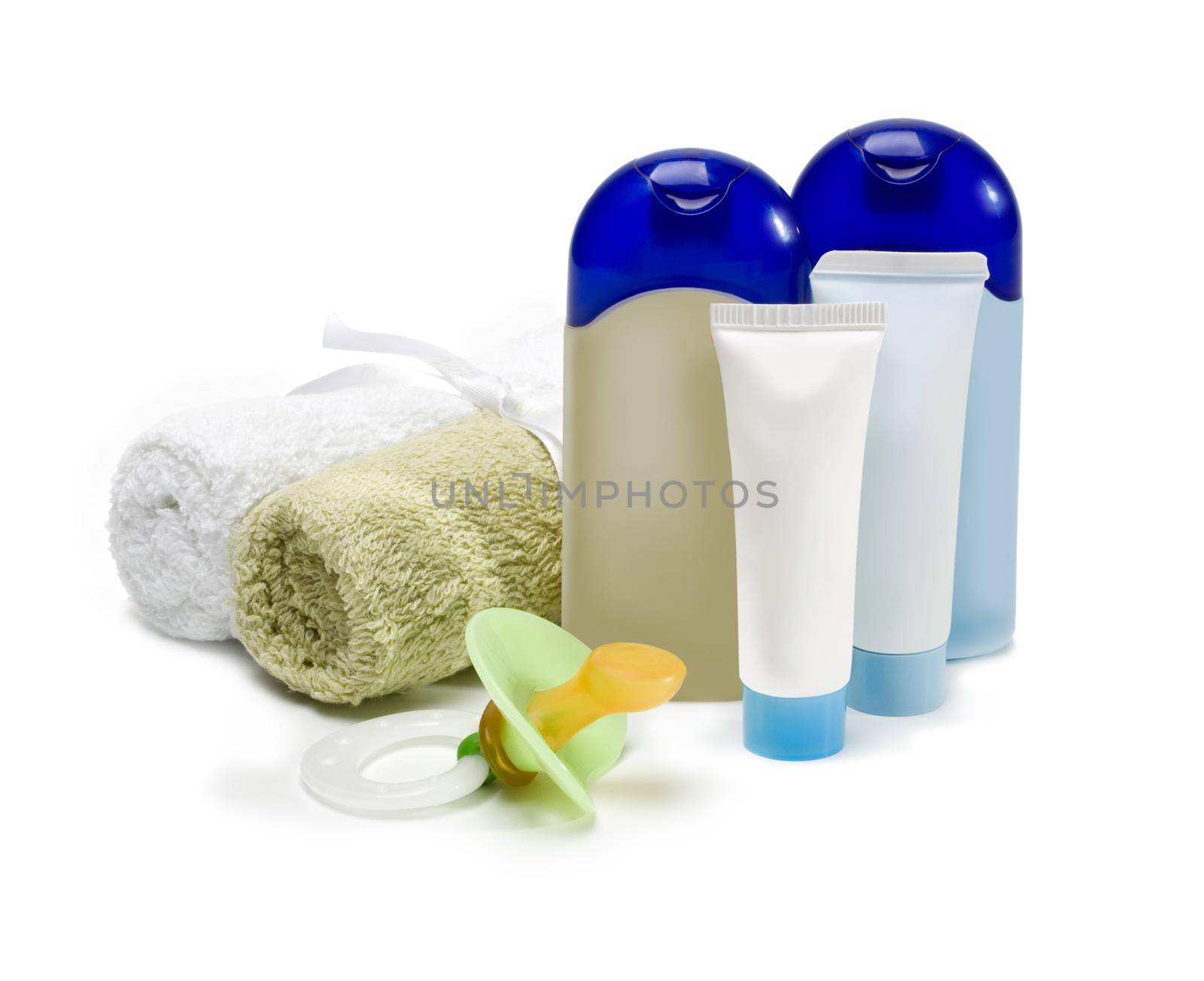 bottles of cosmetics for the care of the newborn on a white background