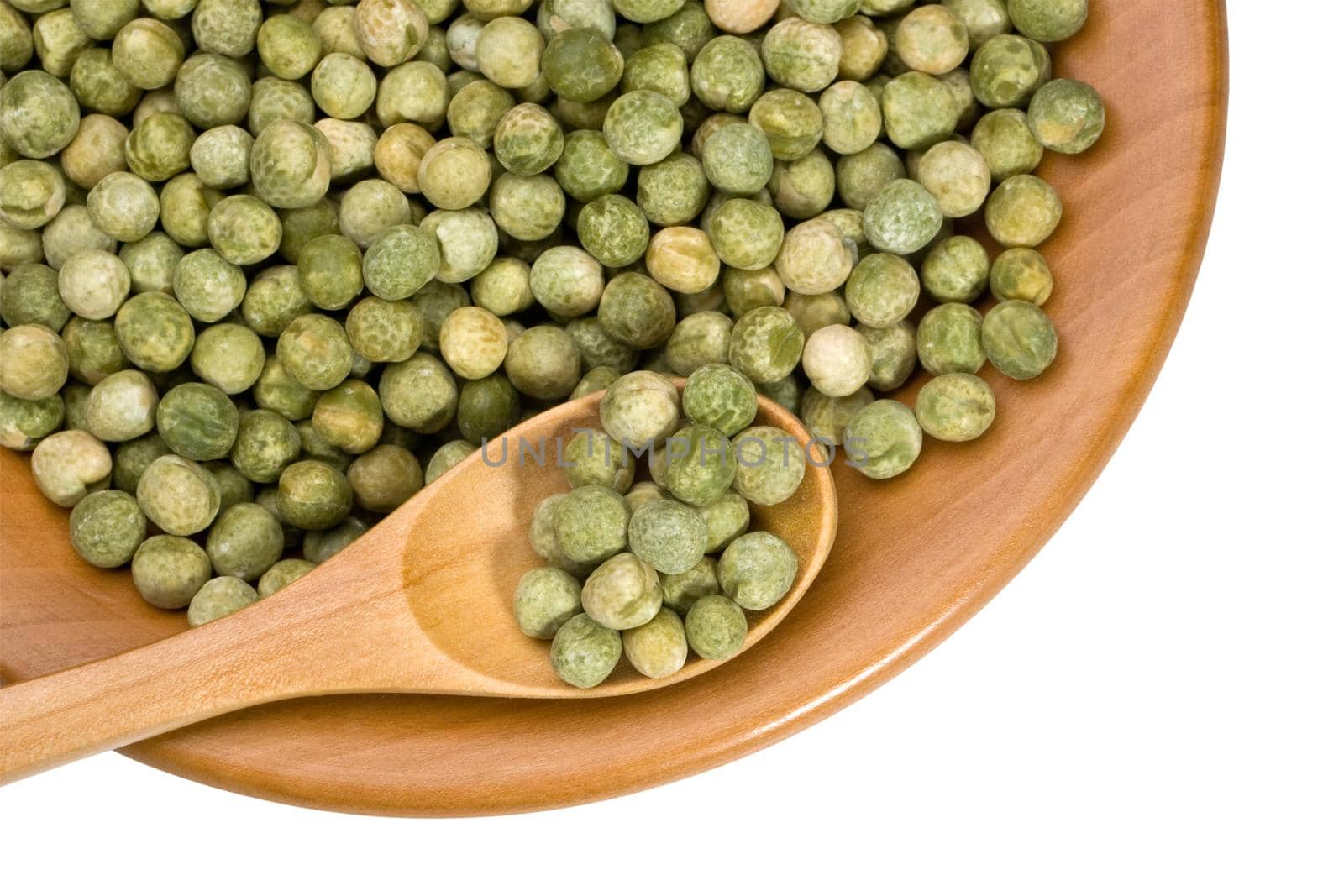 wooden plate with peas on white background with clipping paths