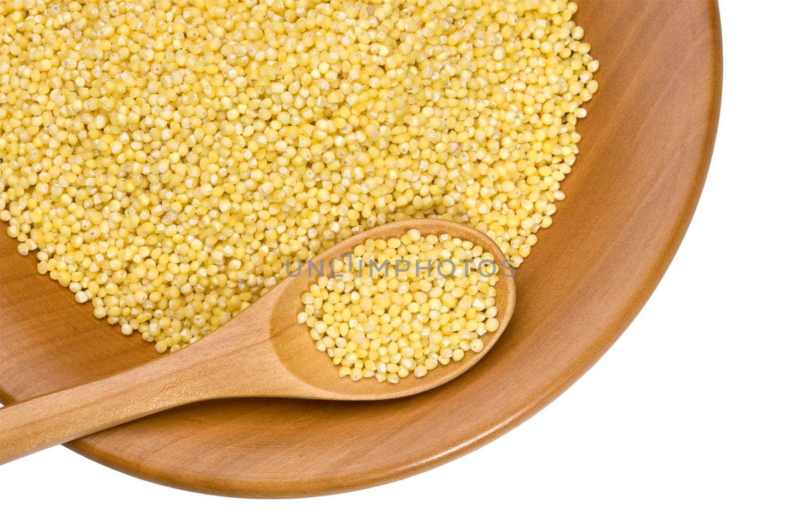 wooden plate with beans and millet on white background with clipping paths