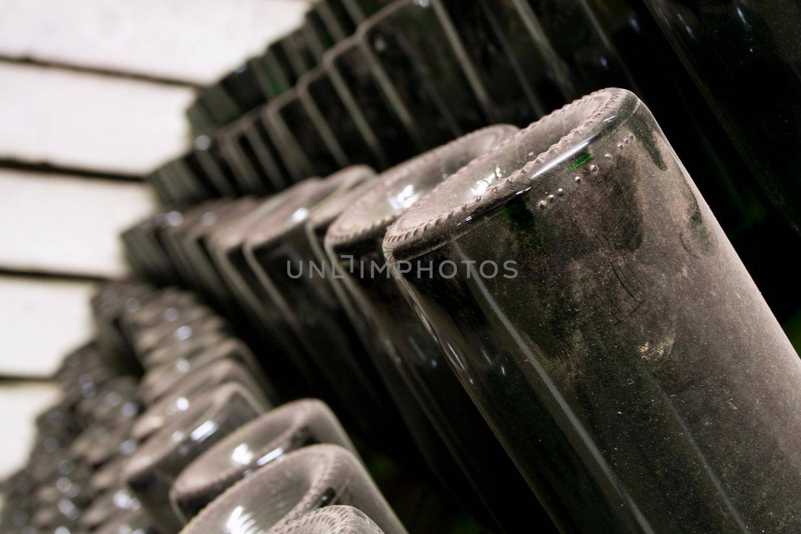 aging champagne bottles in the cellars of the winery