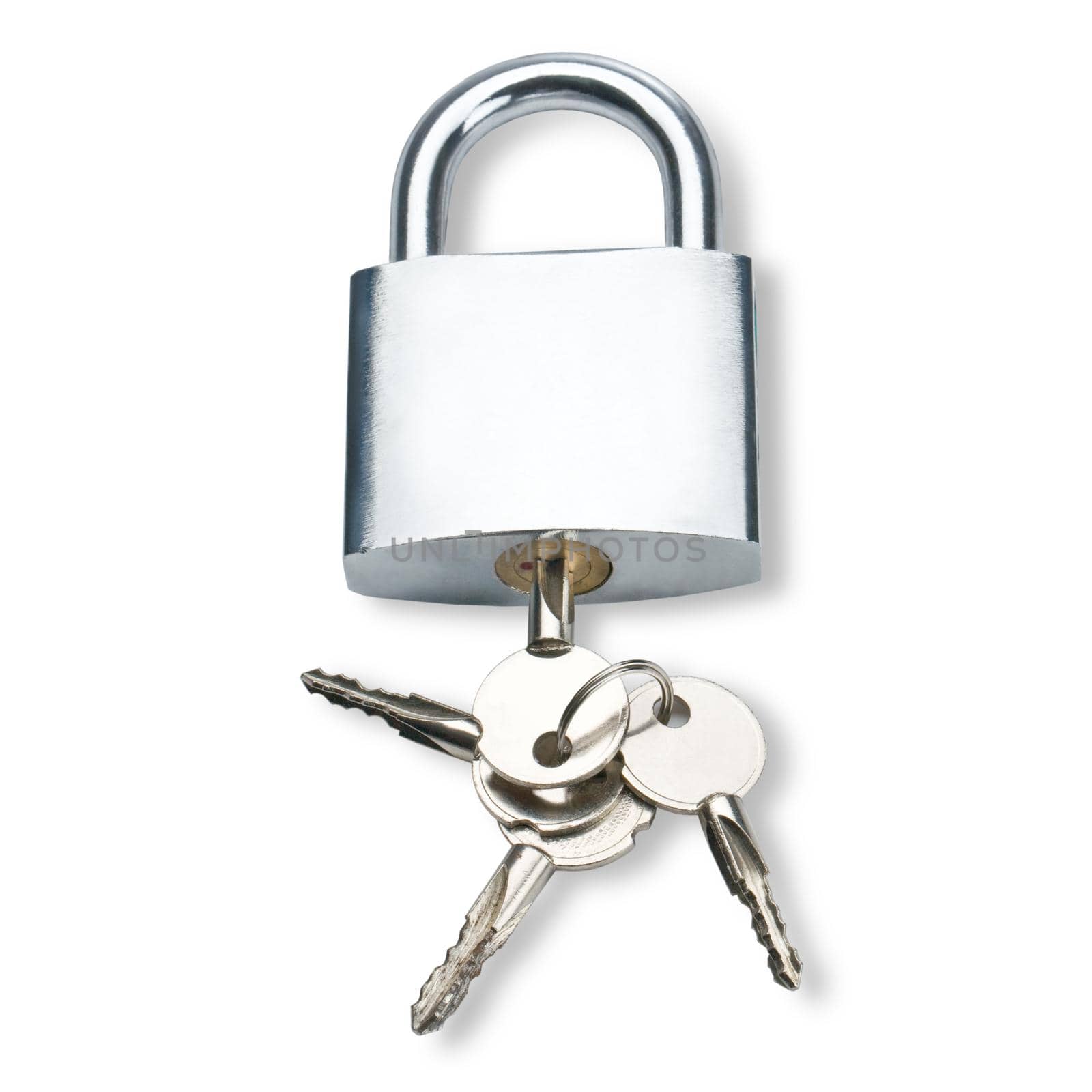 metal lock with keys on a white background. path stored