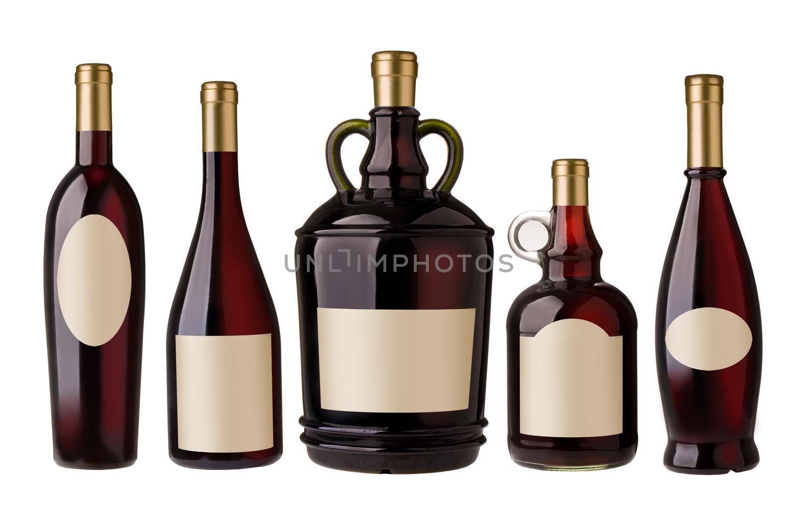  five wine bottles with blank label