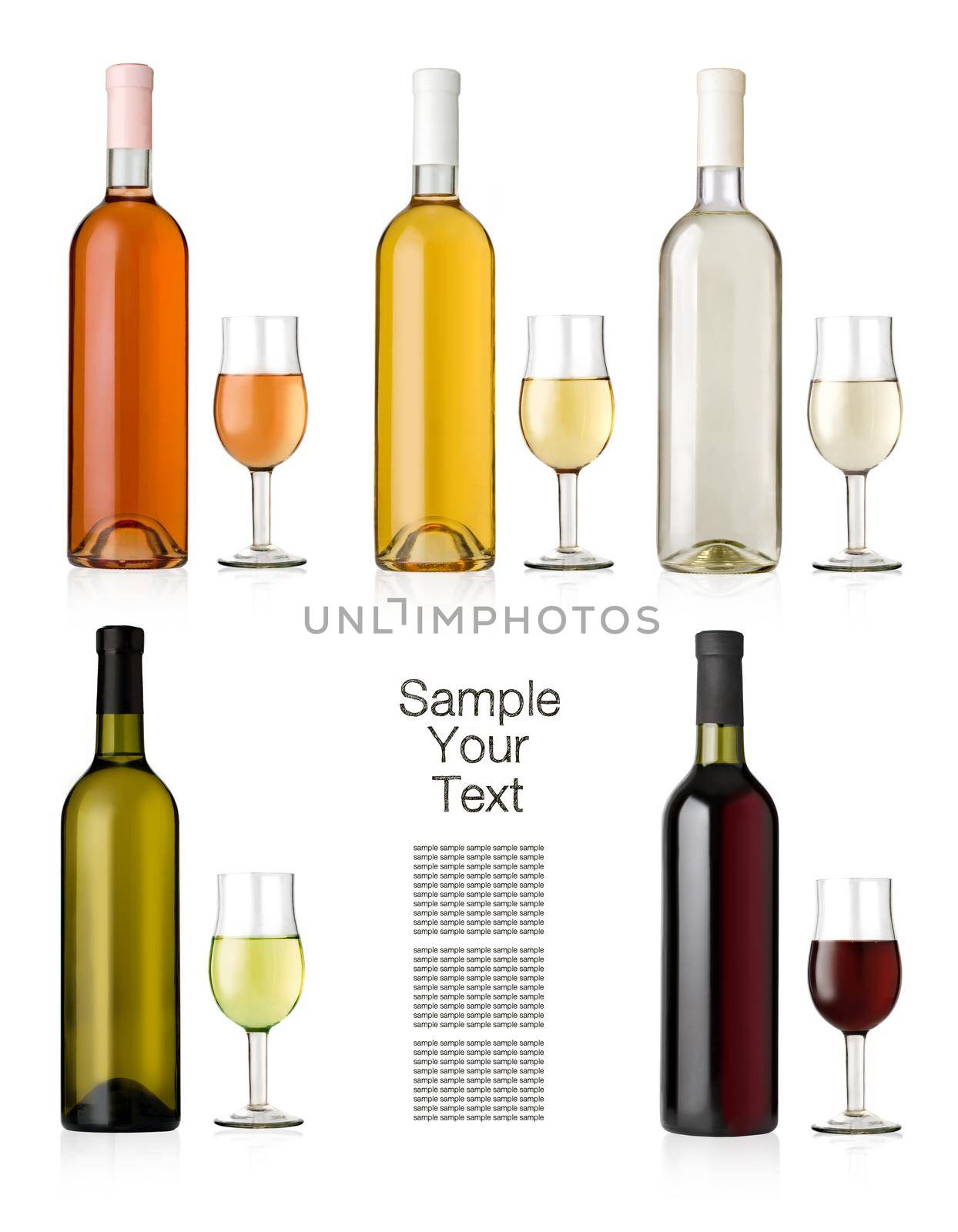 Set of white, rose, and red wine bottles and glasses.