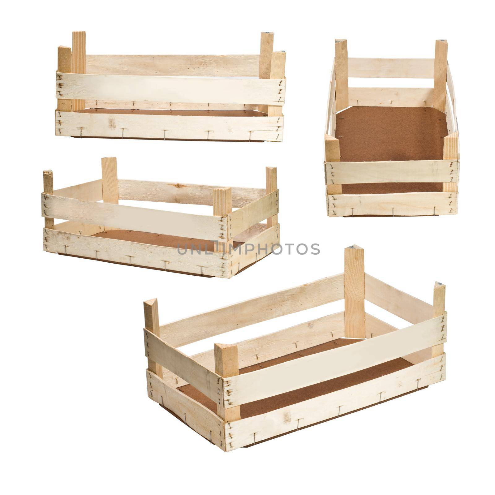 Empty wooden crates on white background.