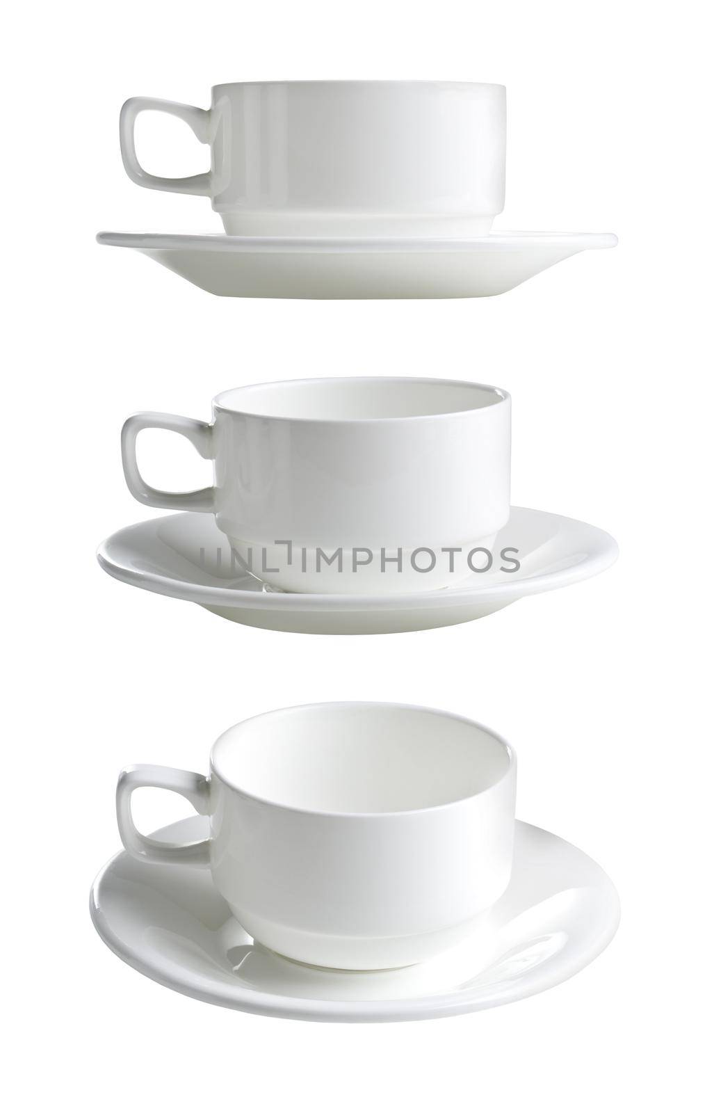 collection of various white coffee cups on white background. each one is shot separately