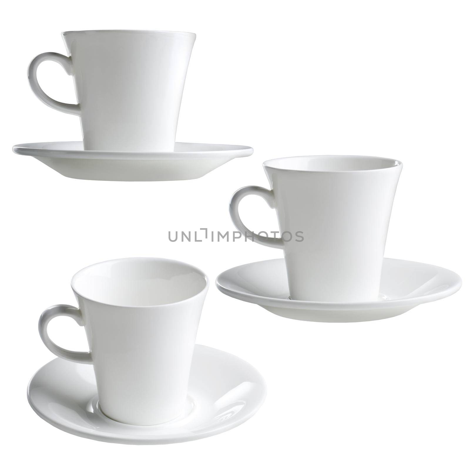 set of white coffee cups on white background. 