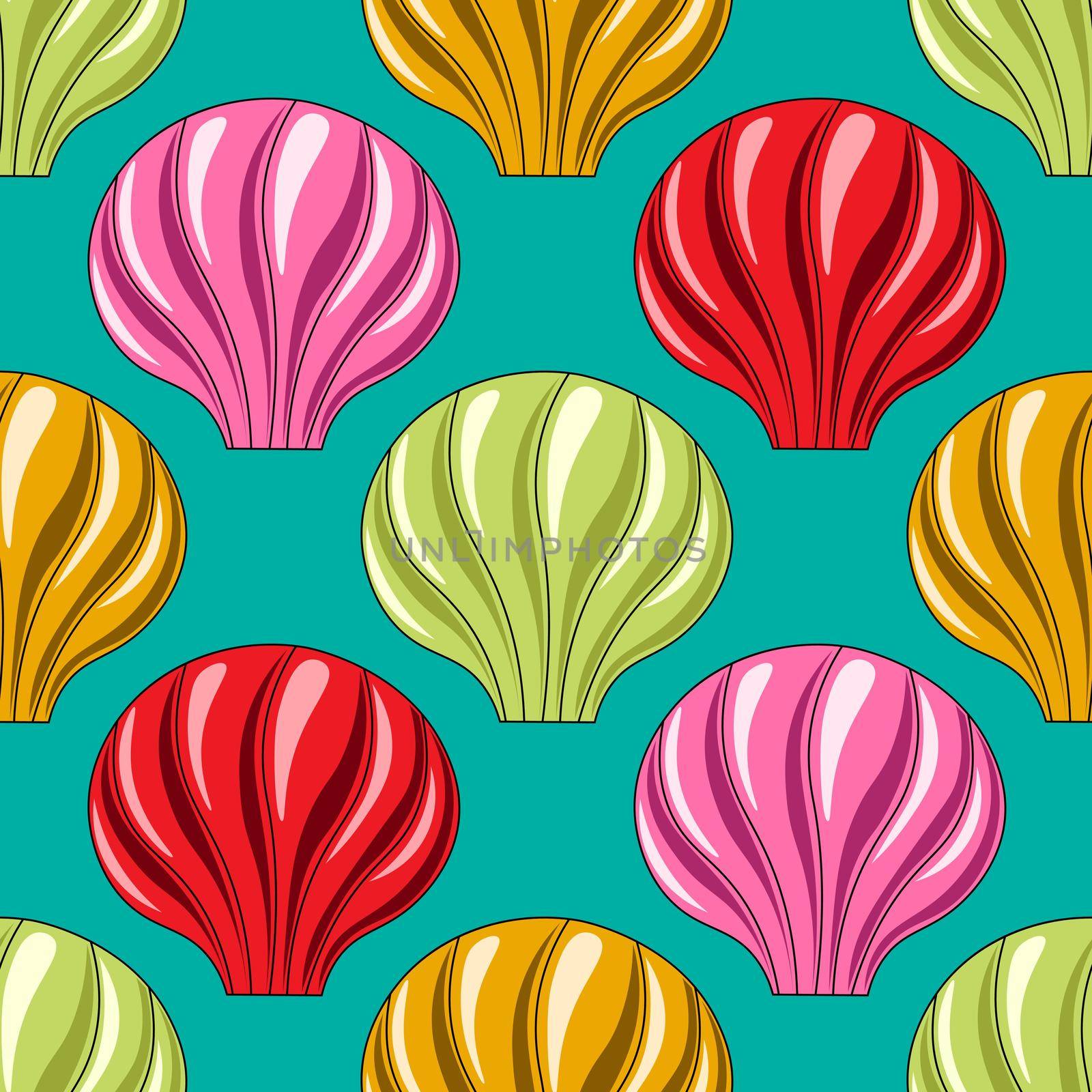 Seamless vector pattern with green, orange, red and pink seashells by AnastasiaPen