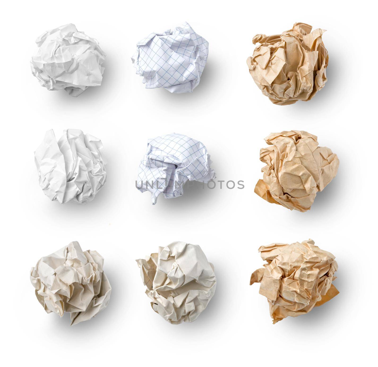 Set of  Crumpled Paper- School Squared, Office and Brown Craft  isolated on white background