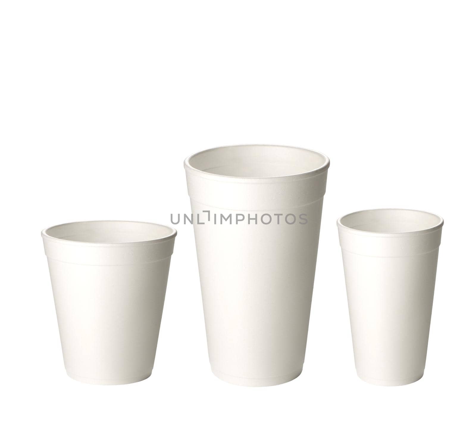 three empty disposable plastic cup isolated on white background