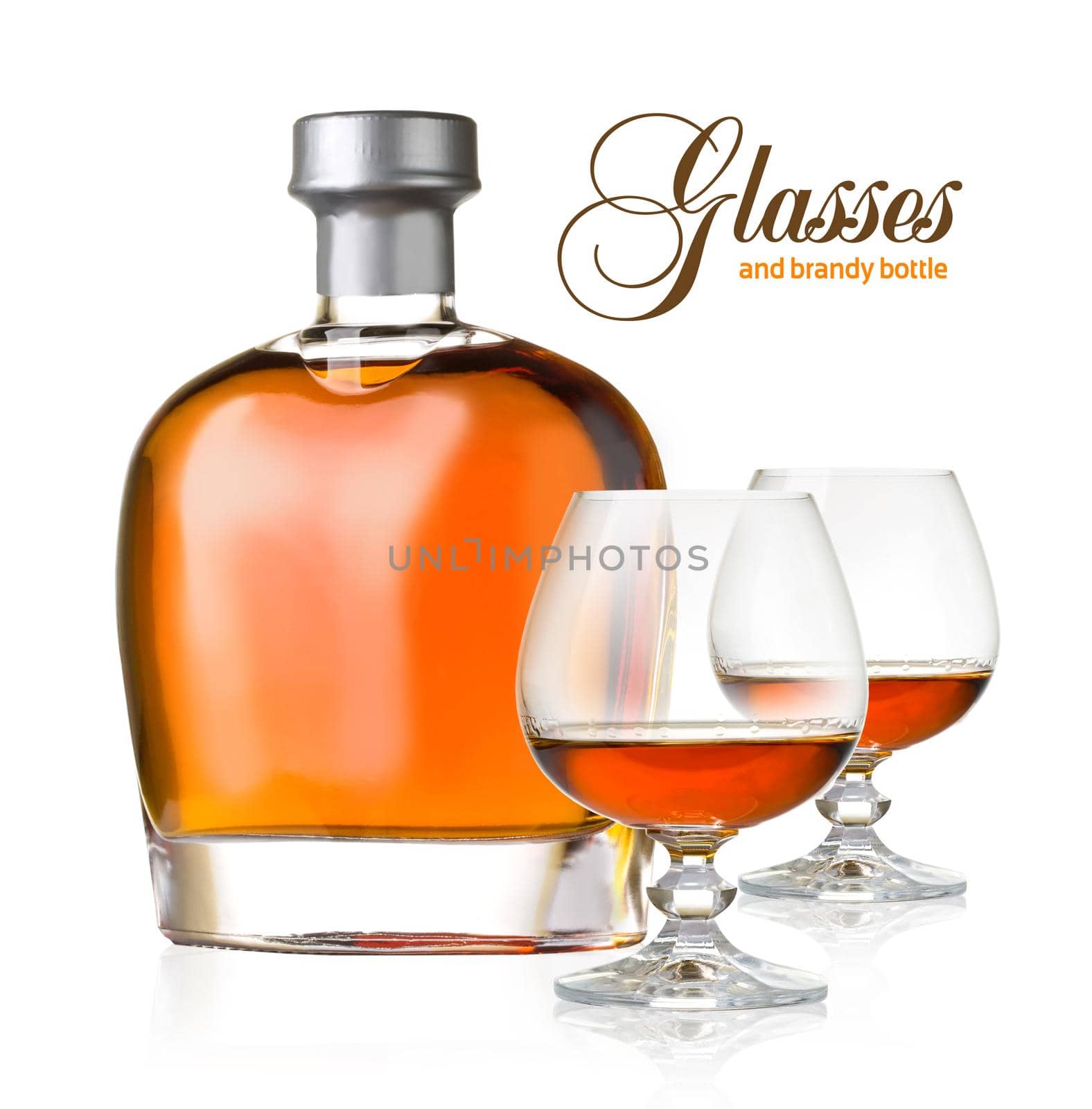 bottle and glasses brandy on white background