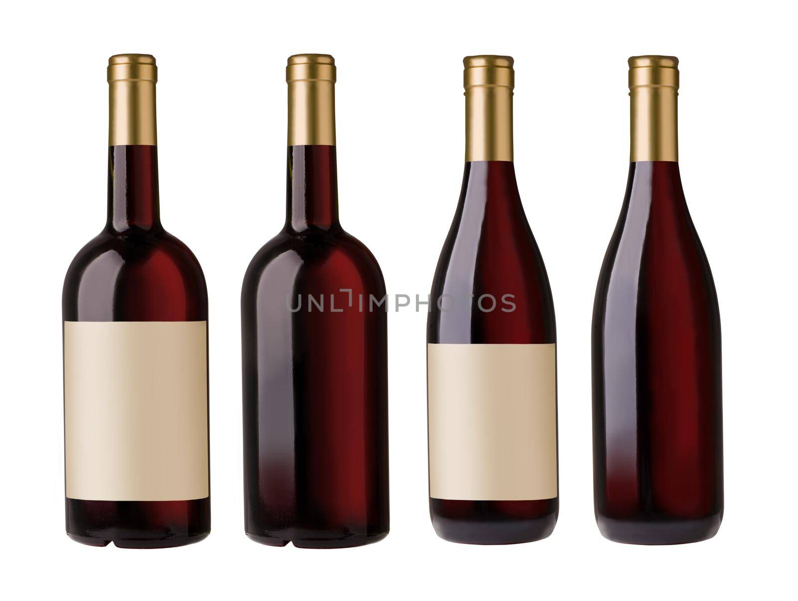 two merged pictures of  red wine bottles with blank labels and without label, 