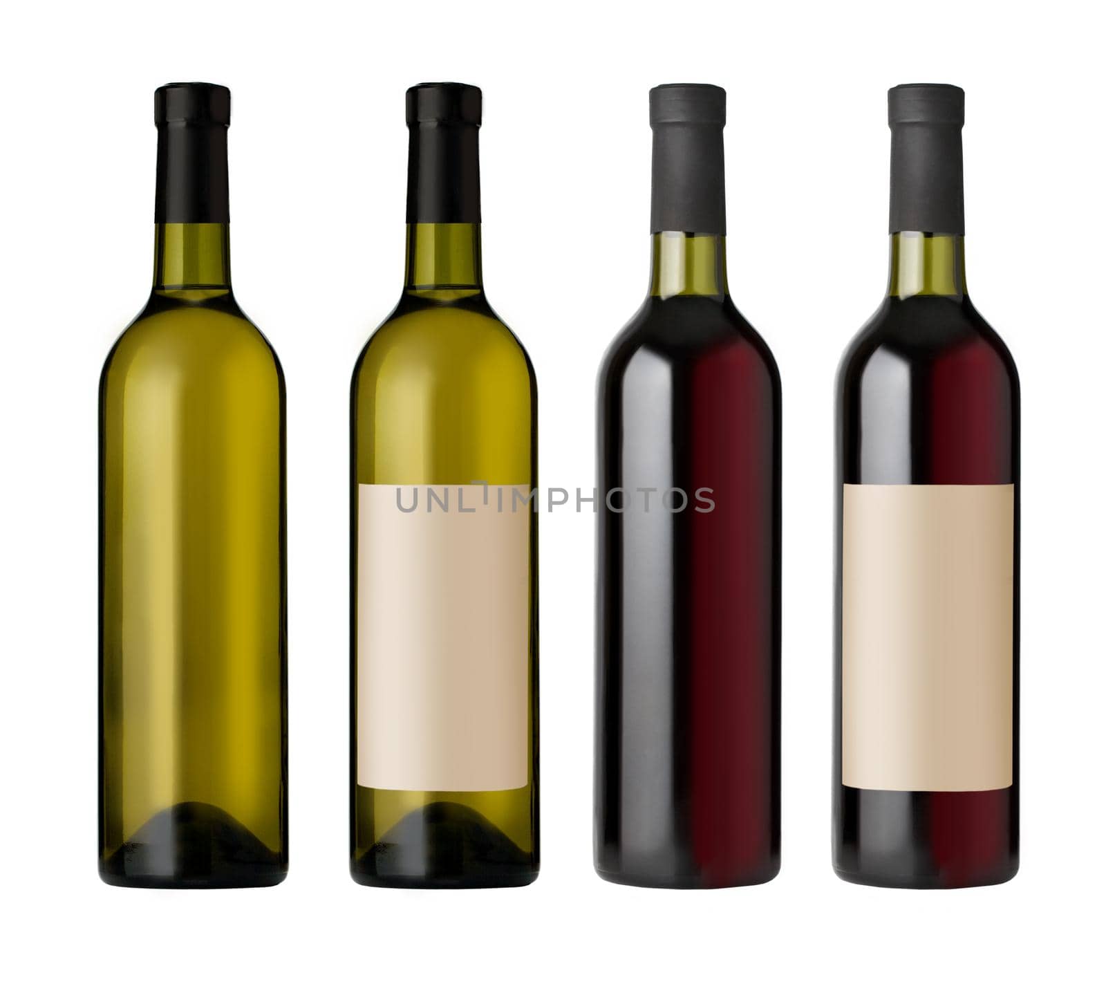 two  red and white wine bottles with blank labels, render.