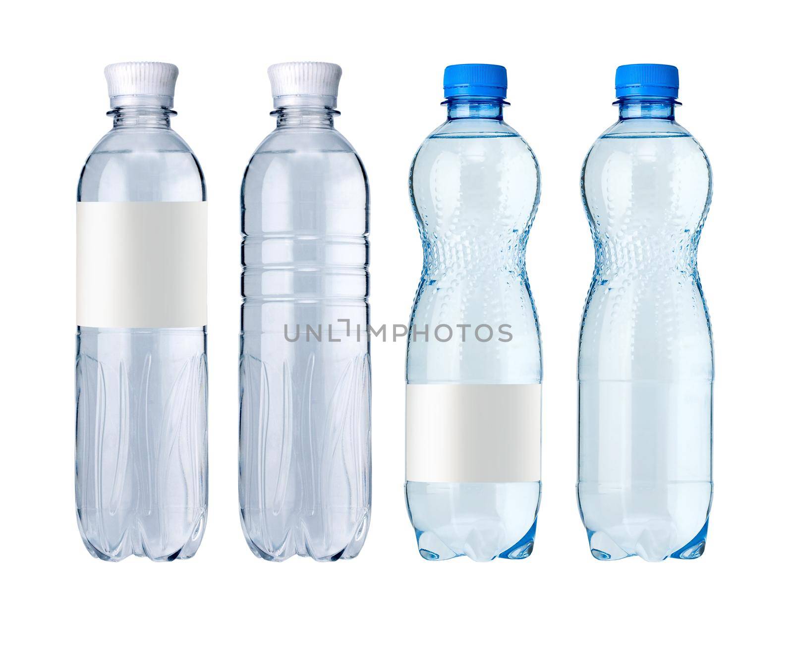 Soda water bottles with blank label. Isolated on white