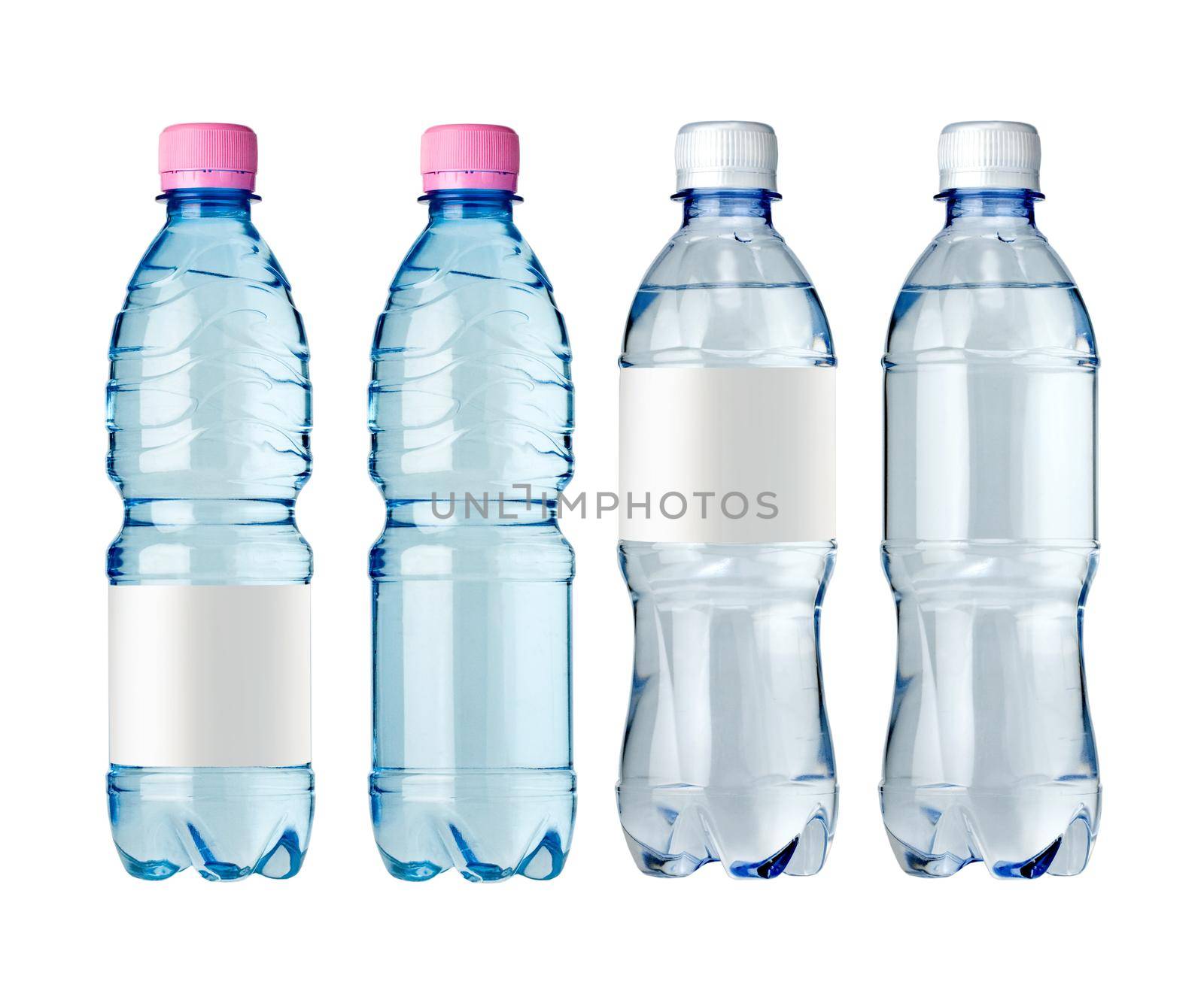  water bottles with blank label. Isolated on white