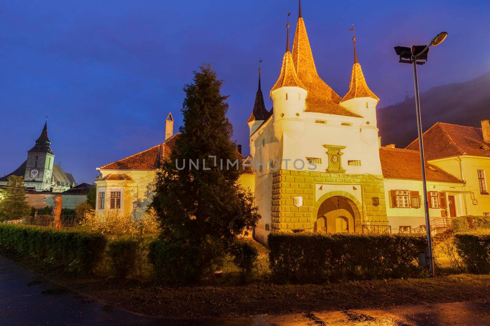 Catherine Gate and Black Church in Brasov. Brasov, Brasov County, Romania.