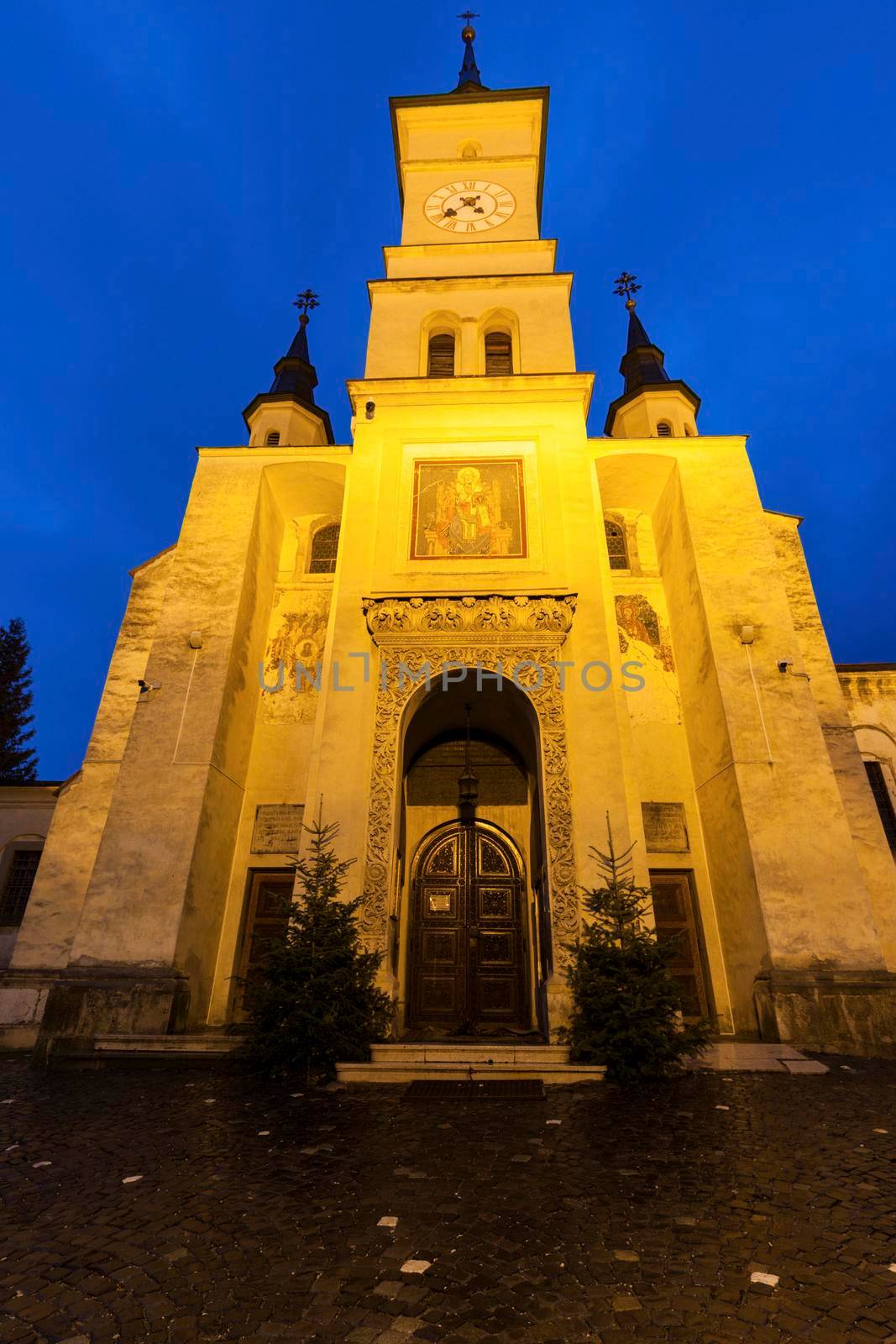 Architecture of Brasov at night. Brasov, Brasov County, Romania.