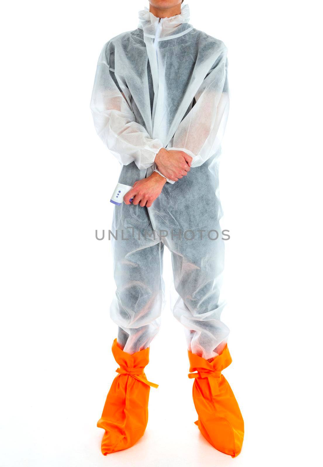 Man wearing protective suit and orange shoes isolated on white background