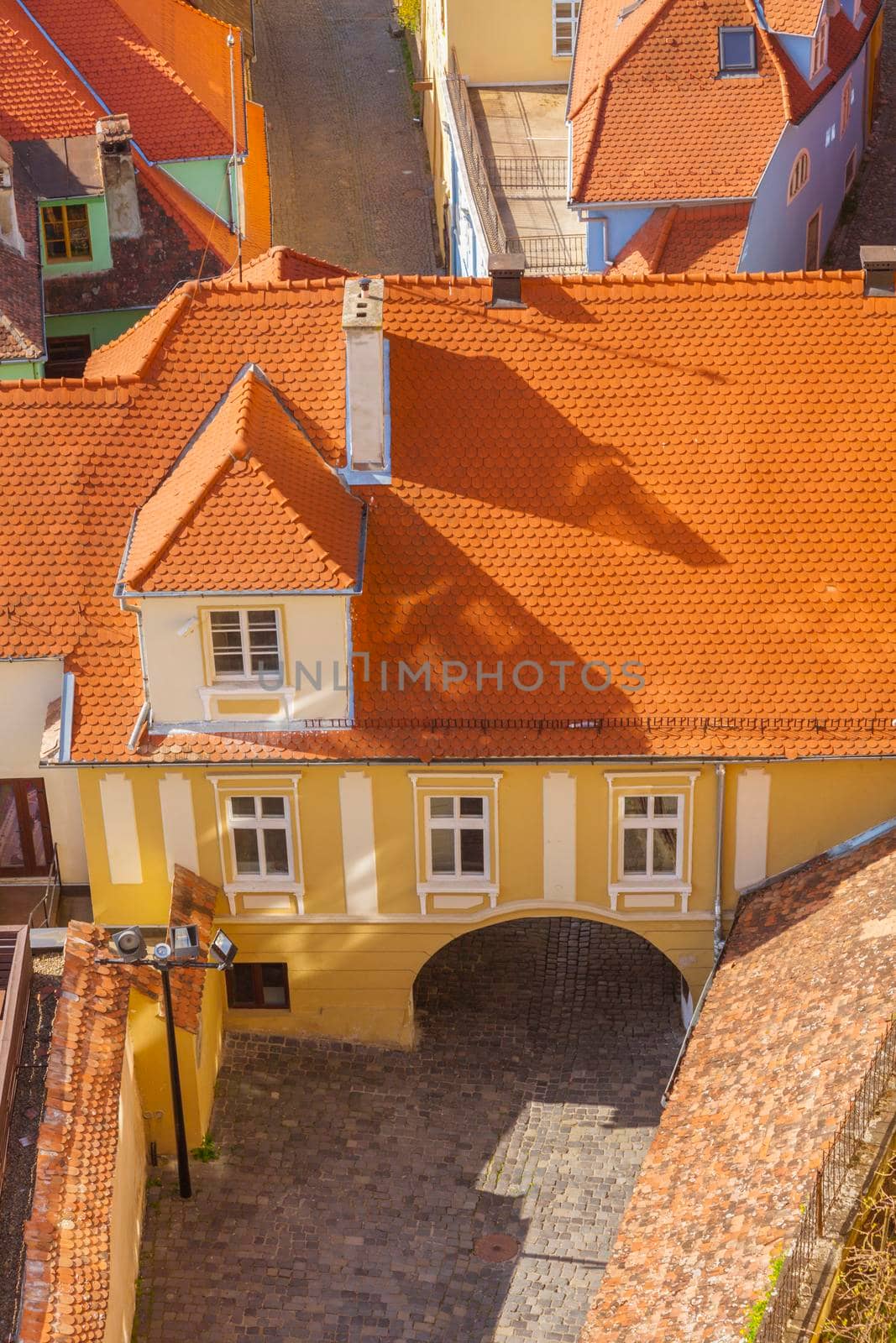 Old town of Sighisoara - aerial view. Sighisoara, Mures County, Romania.