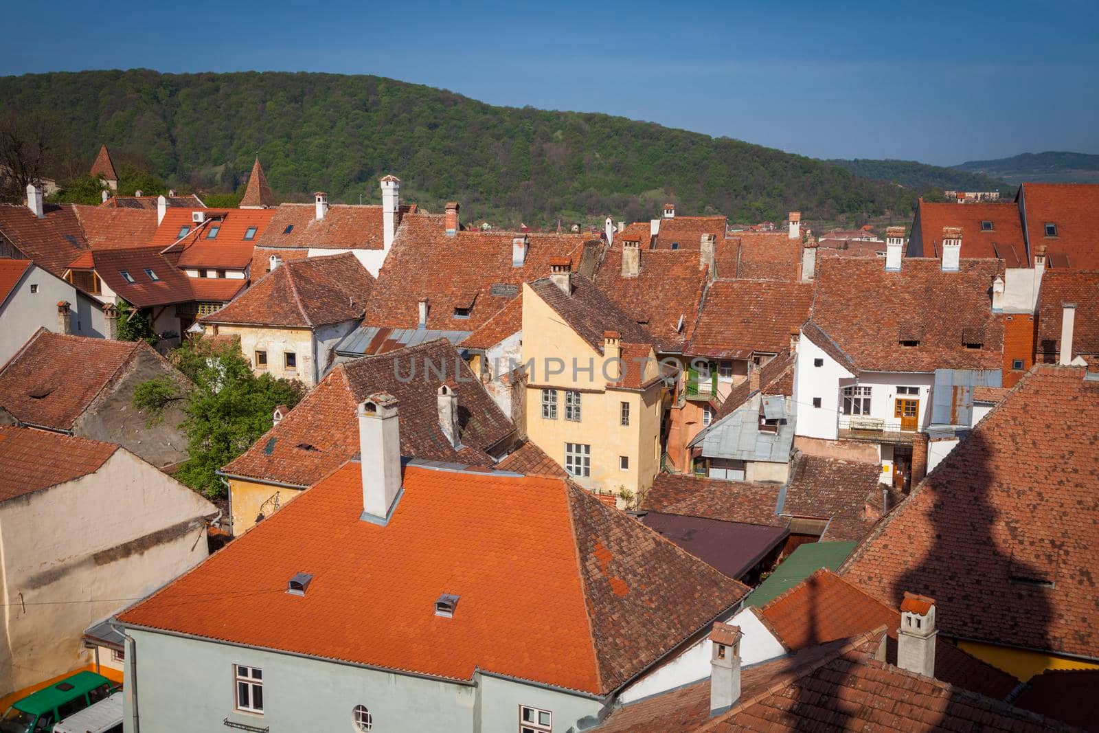 Old town of Sighisoara - aerial view. Sighisoara, Mures County, Romania.