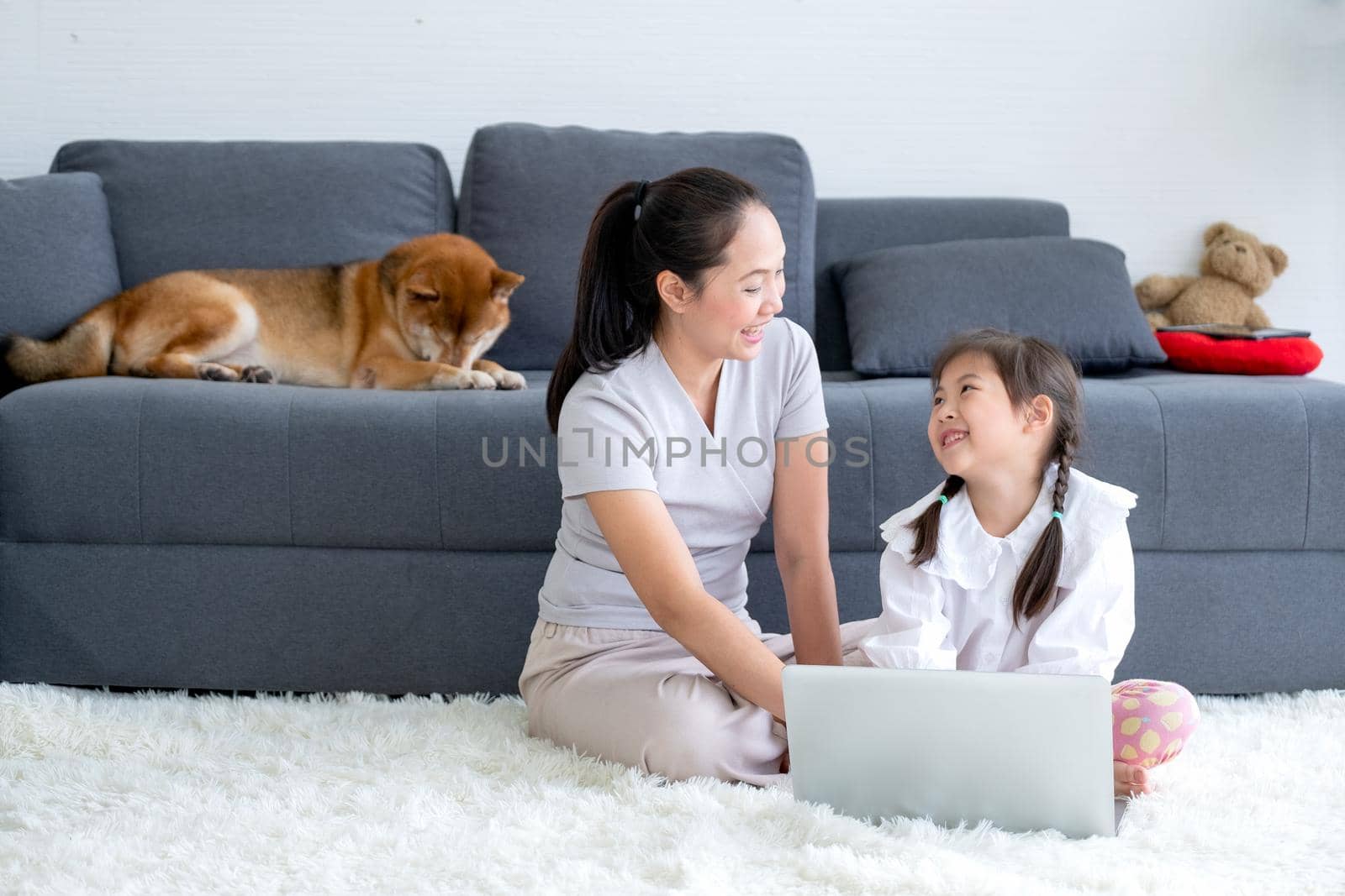Asian woman and little girl enjoy together in living room by using laptop and sit on the floor while their shiba dog lie on sofa.