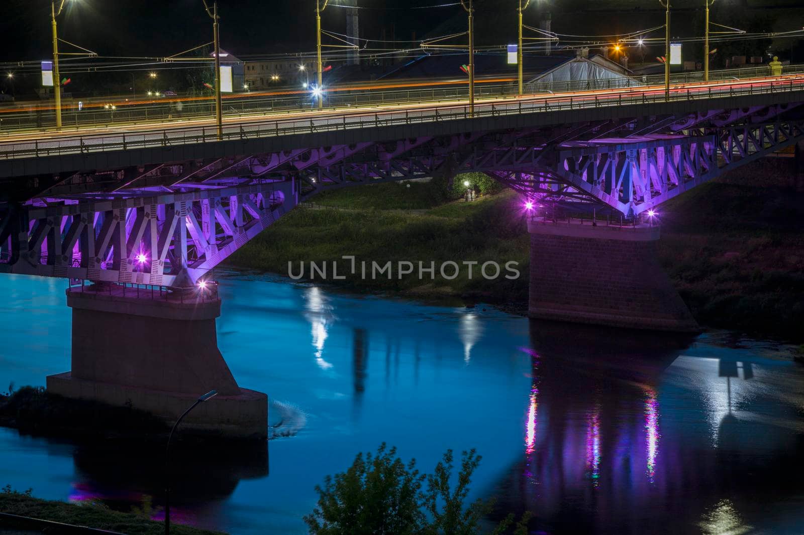 Bridge in Grodno at night. Grodno, Grodno Region, Belarus.