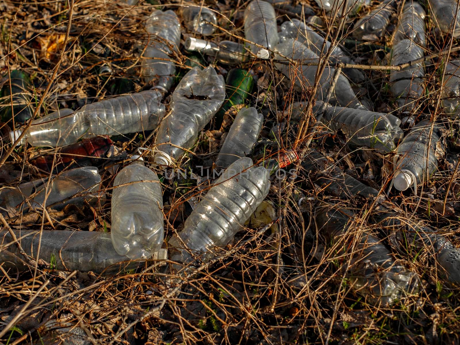 Pile of plastic and glass bottles in dry grass. Environmental pollution.