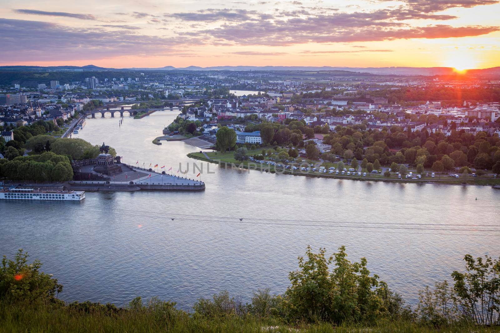 Panorama of Koblenz at sunset. Koblenz, Rhineland-Palatinate, Germany.