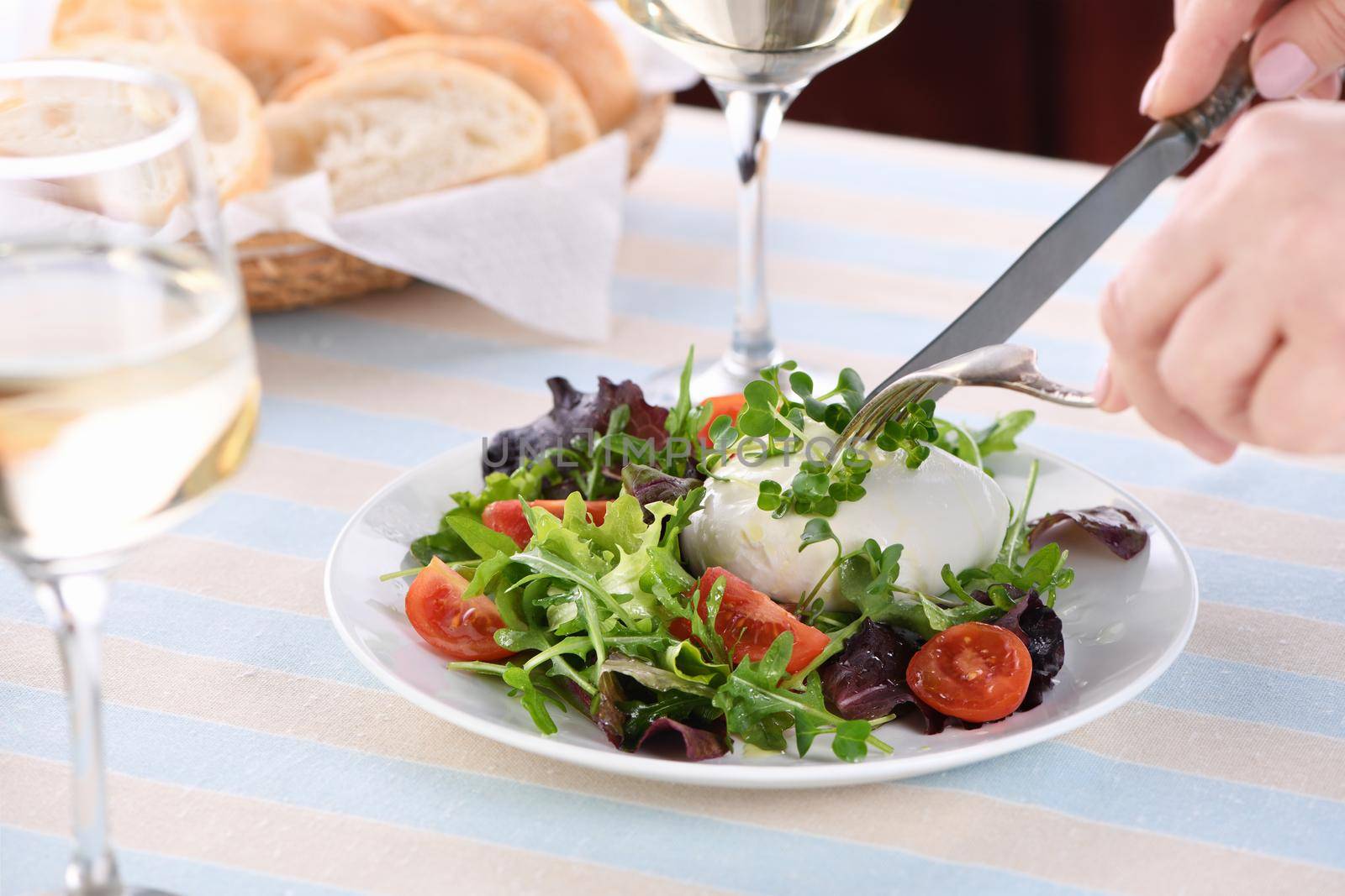 A healthy salad made from a lettuce leaves vegetables mix greens portion, arugula, tomatoes, radish sprouts and mozzarella cheese, olive oil and fresh bread, and a glass of white wine

