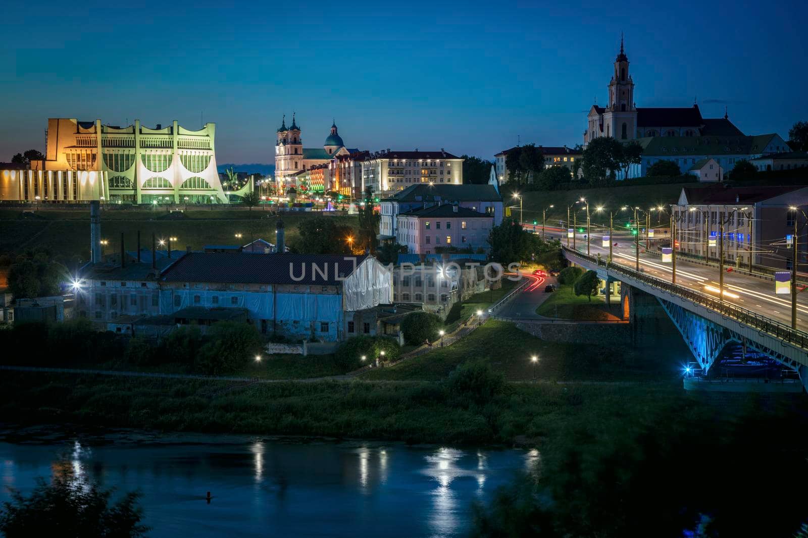 Panorama of Grodno at night. Grodno, Grodno Region, Belarus.