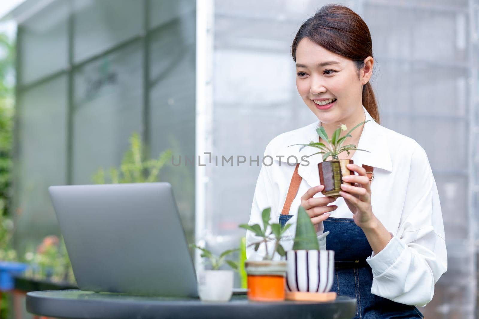 Beautiful Asian girl hold pot of plant and present to laptop on table in front green garden of her house look like online business.