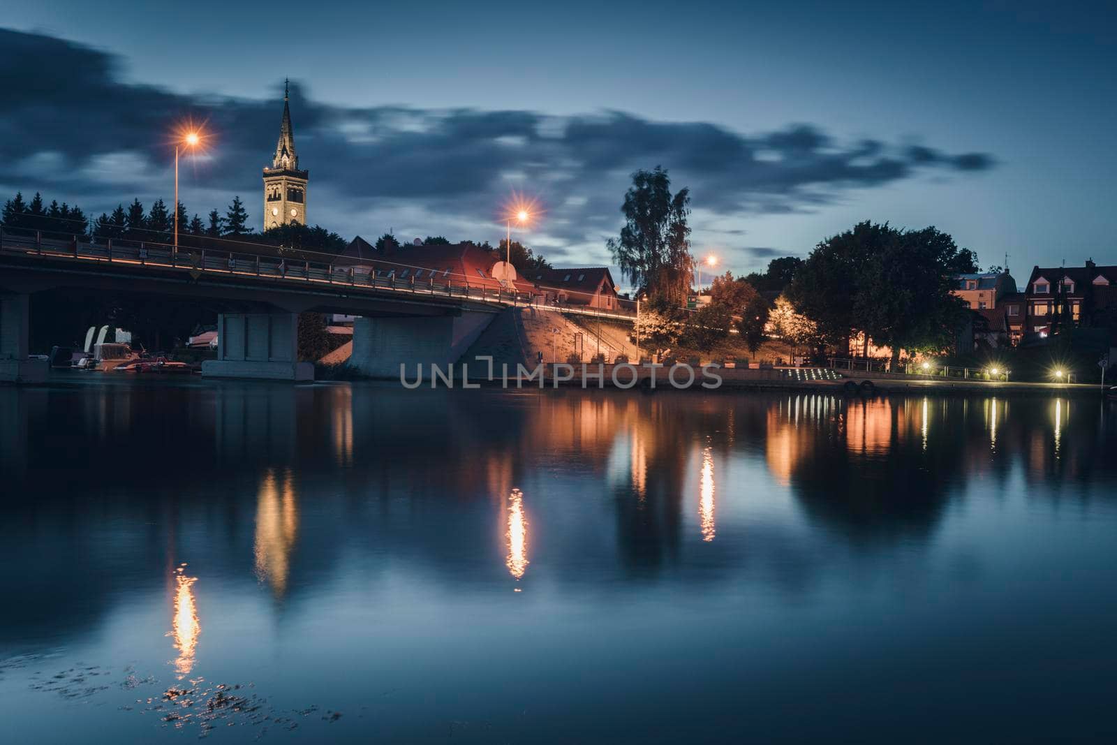 Panorama of Mikolajki at evening. Mikolajki, Warmian-Masurian, Poland.