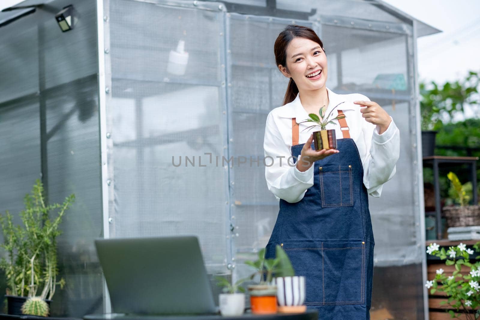 Beautiful Asian girl hold pot of plant and pointing to pot also look at camera with stand in front green garden of her house. Sustainable with small business relate to grow plant concept.