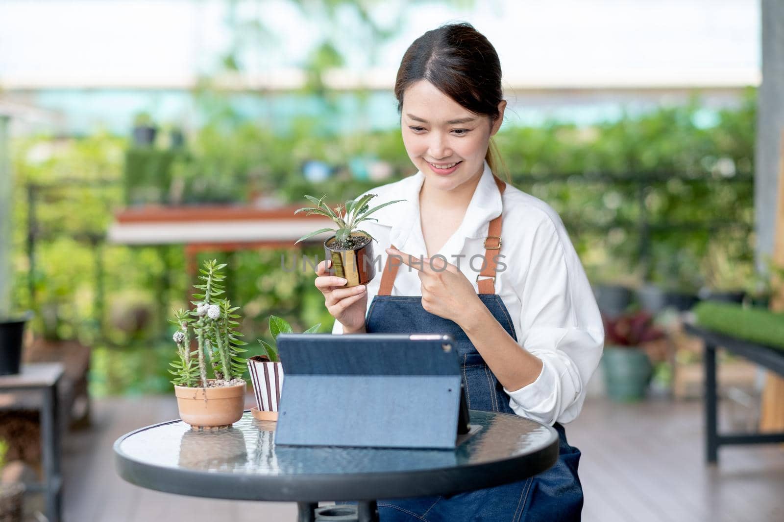 Beautiful Asian girl hold plant product and present to tablet look like online business and look happy. Sustainable with small business work involve with plant of flora concept.